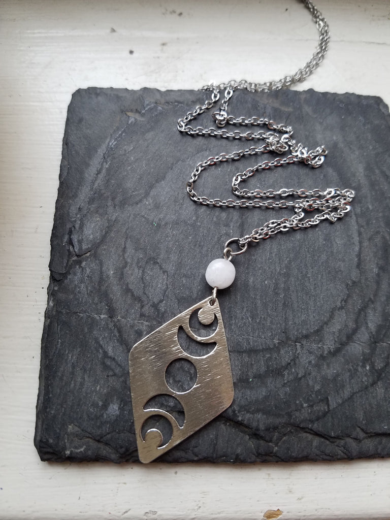 Moon Phase and Moonstone Necklace (Brass or Silver)