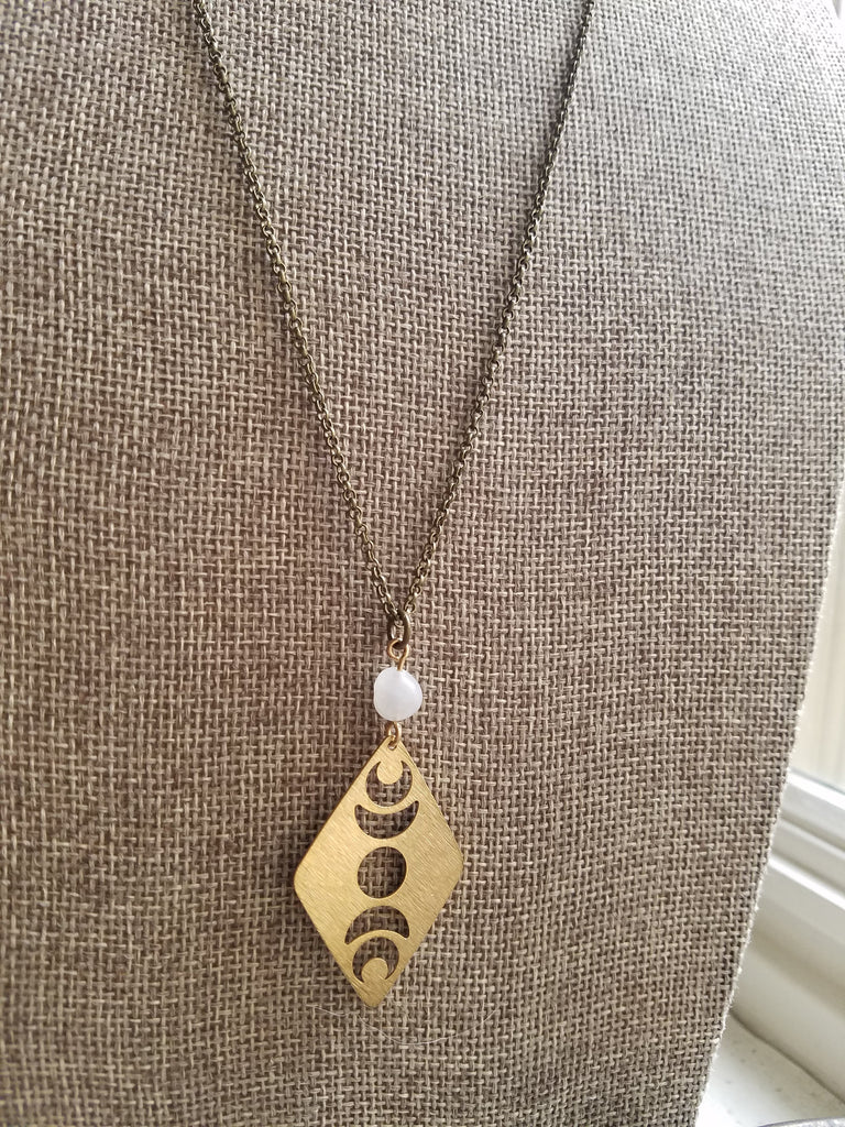 Moon Phase and Moonstone Necklace (Brass or Silver)