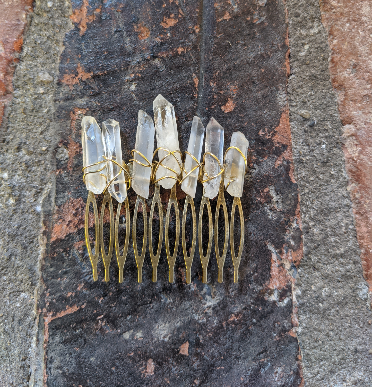 Large Quartz Crystal Hair Comb in Silver or Brass Wirewrapping