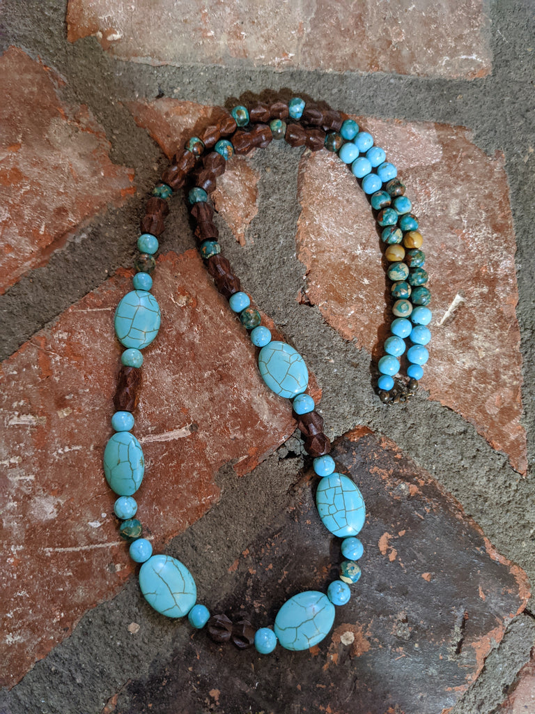 Turquoise Howlite and Wood Long Statement Necklace