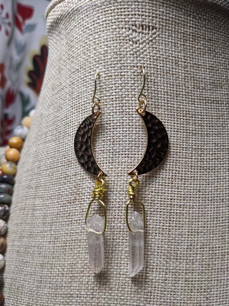 Gold Hammered Crescent Moon and Quartz Crystal Earrings