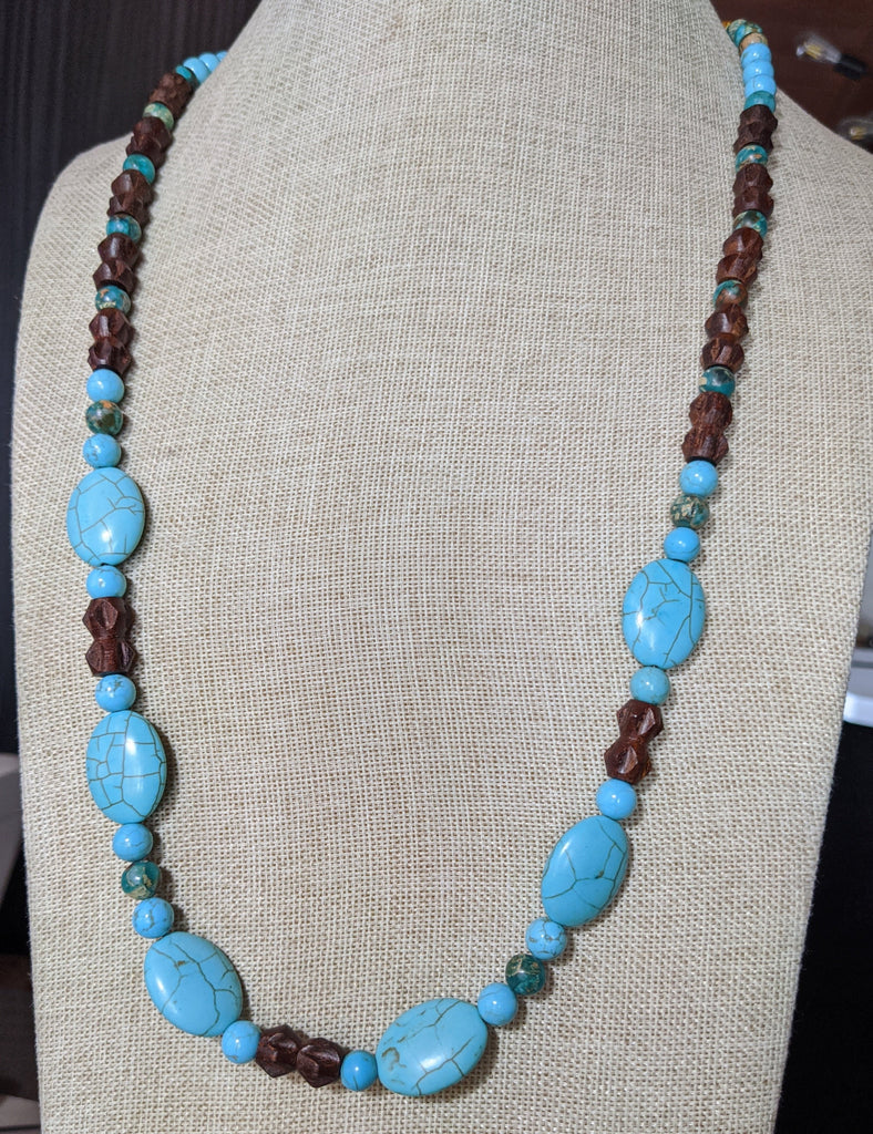 Turquoise Howlite and Wood Long Statement Necklace