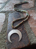 Aqua Terra Jasper and Silver Hammered Crescent Moon Pendant Necklace