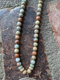 Aqua Terra Jasper and Silver Hammered Crescent Moon Pendant Necklace