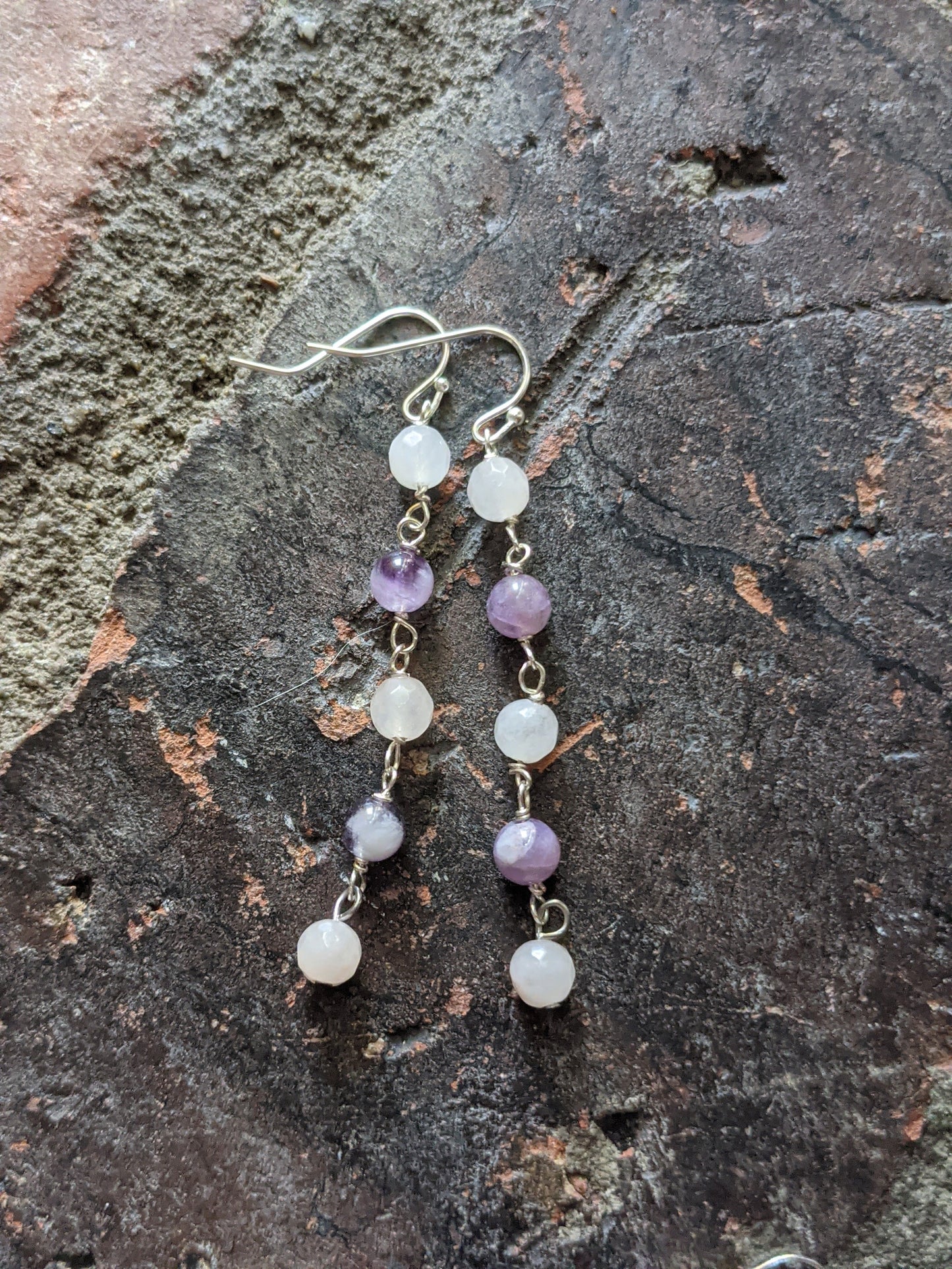 Rose Quartz and Amethyst Wirewrapped Drop Earrings