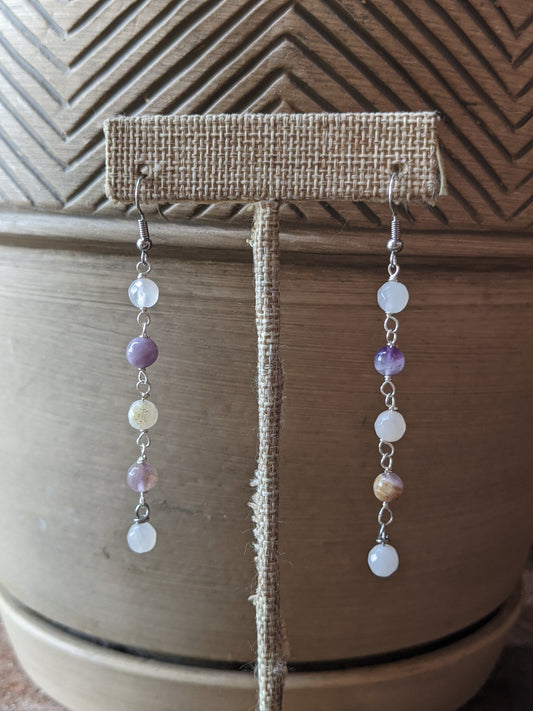Rose Quartz and Amethyst Wire Wrapped Drop Earrings