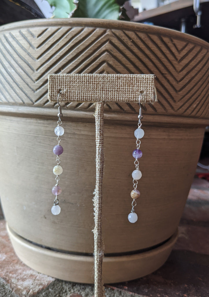 Rose Quartz and Amethyst Wirewrapped Drop Earrings