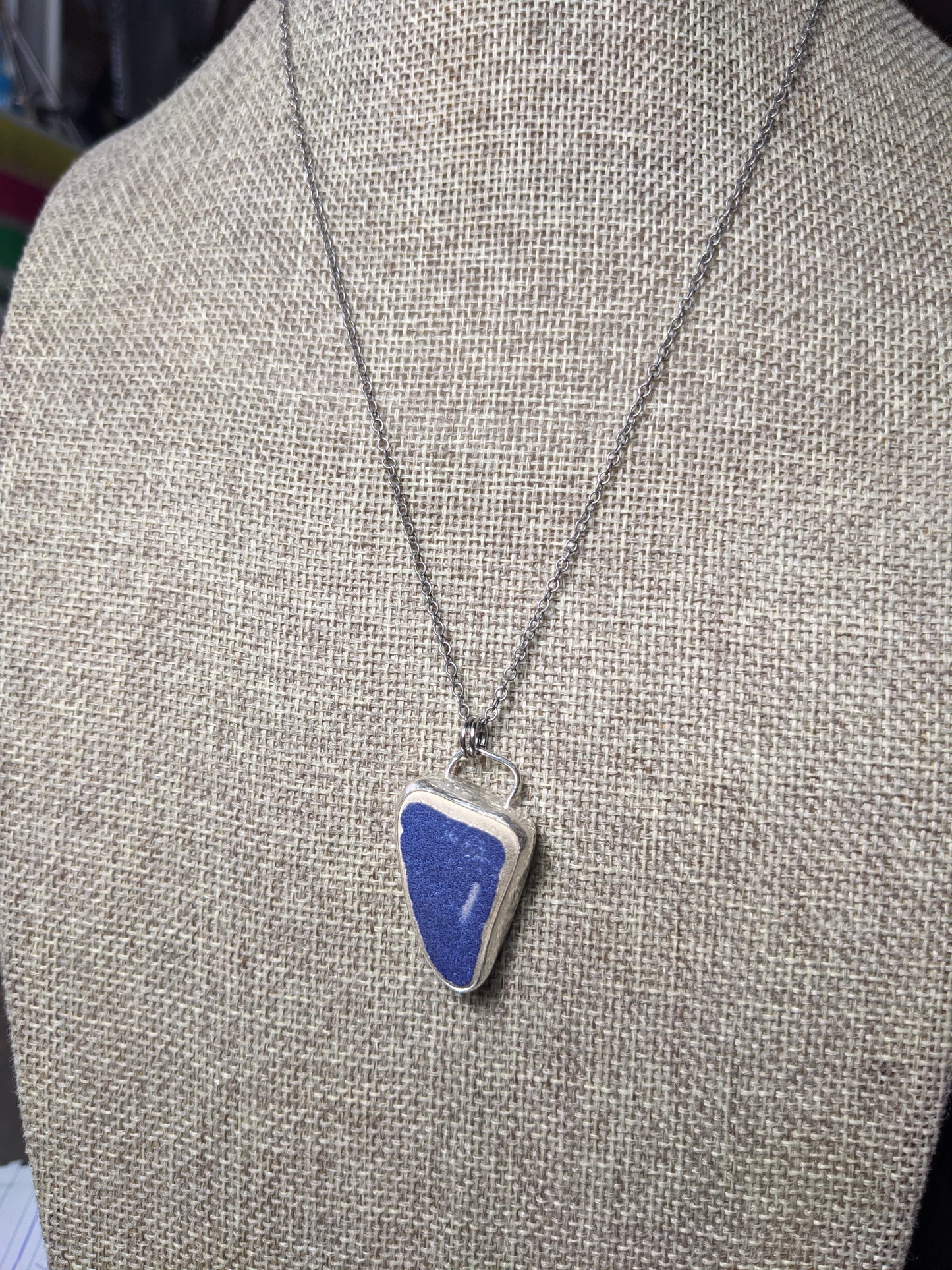 Rare! Ocean Tumbled Blue Tile Pendant on Sterling Silver Chain