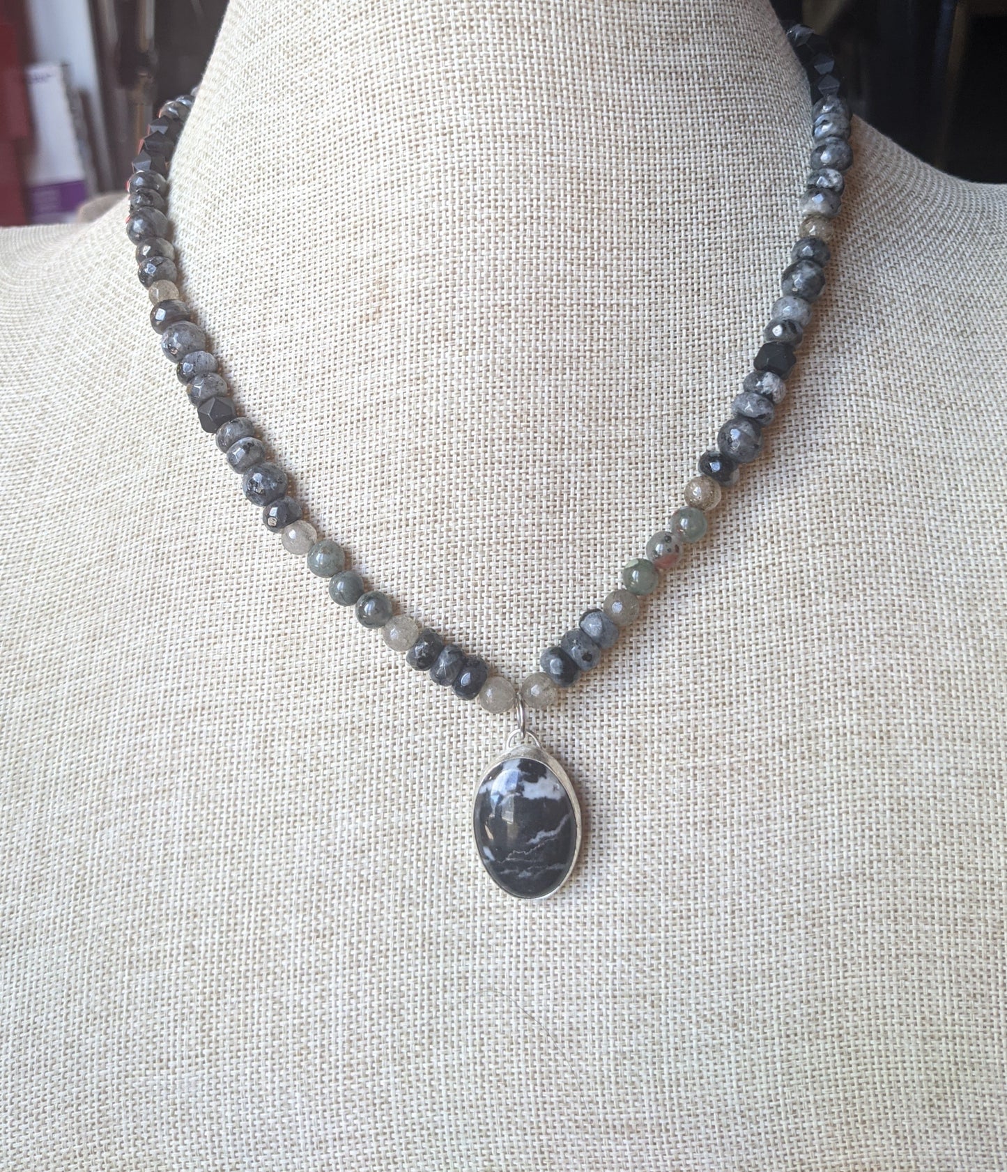 Sterling Silver Larvikite Labradorite and Onyx Short Statement Necklace