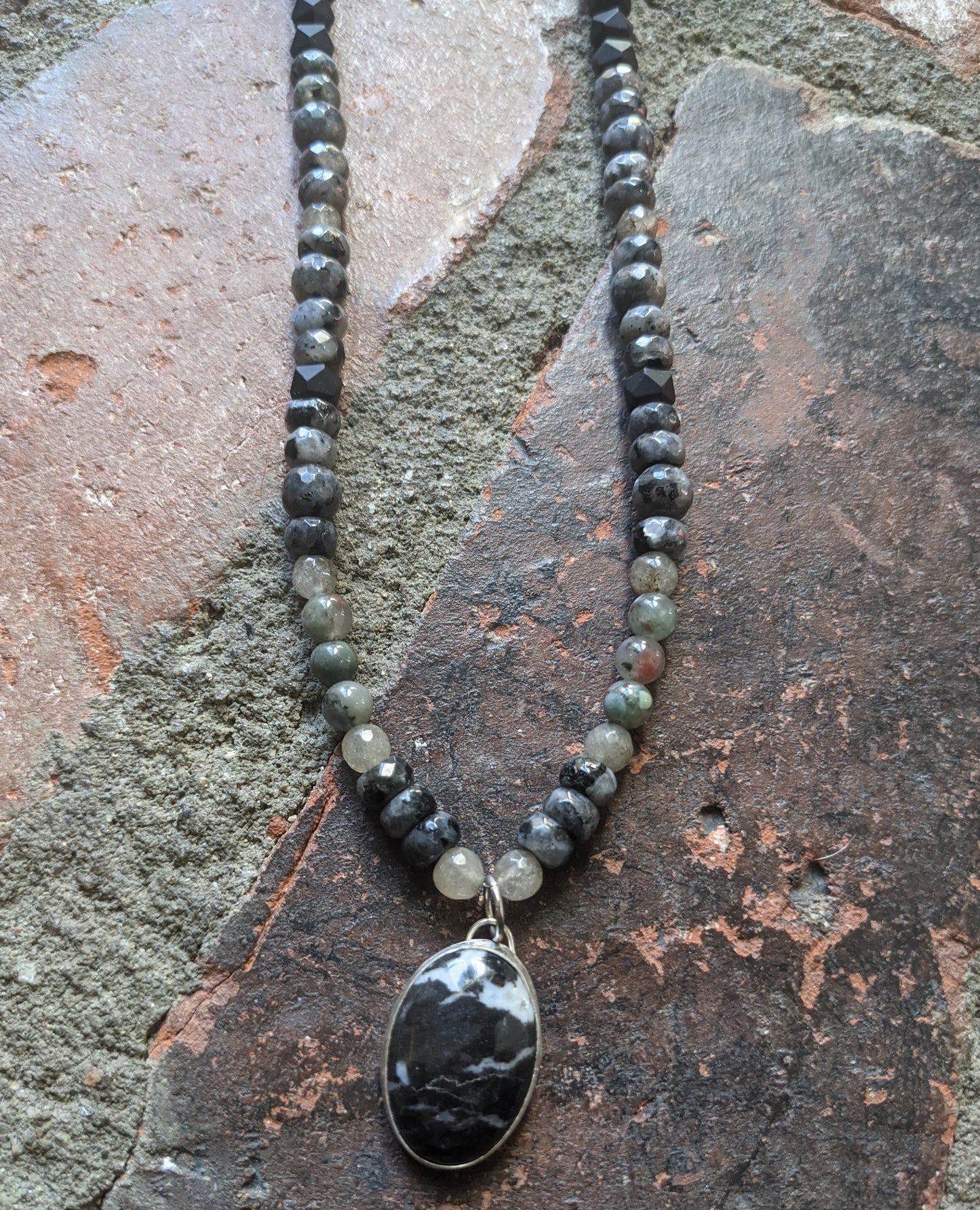 Sterling Silver Larvikite Labradorite and Onyx Short Statement Necklace