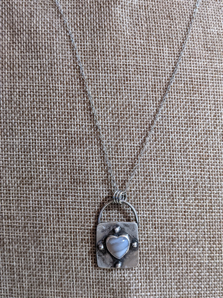 Silver Heart Lock Necklace (Variety of Stones Available) MTO