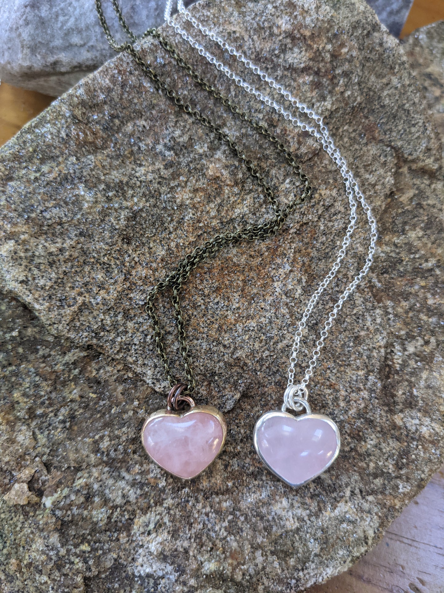 Rose Quartz Large Heart Necklace (Available in Silver and Brass) MTO