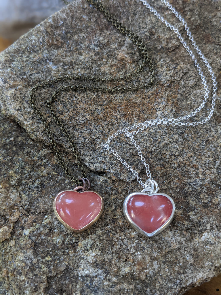 Cherry Quartz Large Heart Necklace (Available in Silver and Brass) MTO