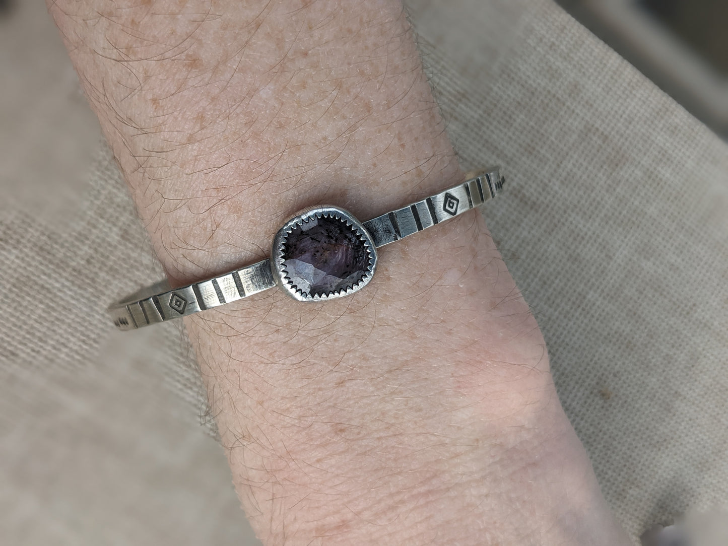 Handstamped Purple Sapphire Sterling Silver Cuff Bracelet