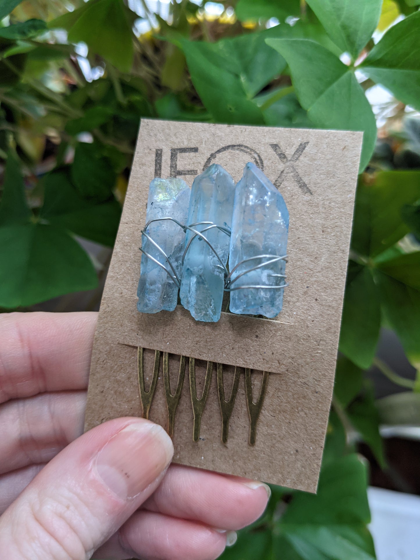 Small Blue Quartz Crystal Hair Comb with Silver Wirewrapping
