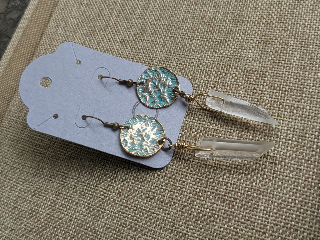 Brass Patina Hammered Circles and Quartz Crystal Statement Earrings