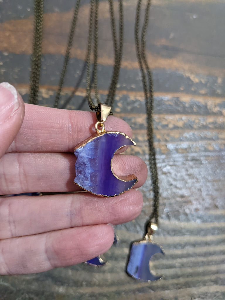 Purple Agate Crescent Moon Brass Necklace