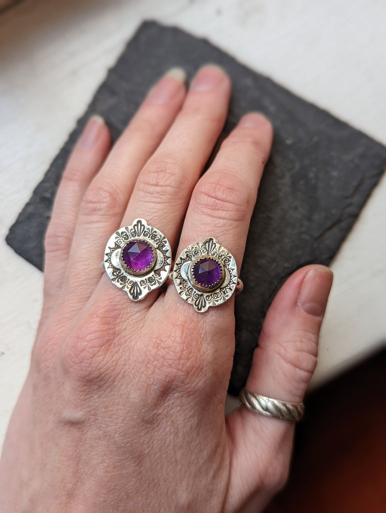 Round Amethyst Stamped Ring - Size 8.5 (RTS)