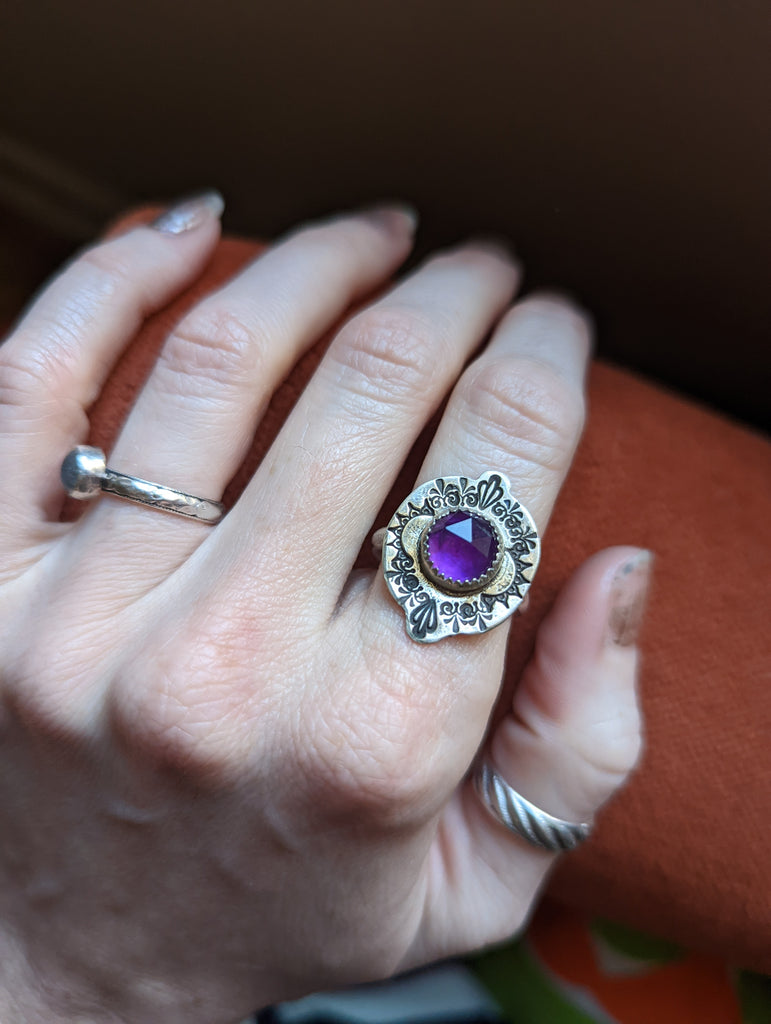 Round Amethyst Stamped Ring - Size 8.5 (RTS)