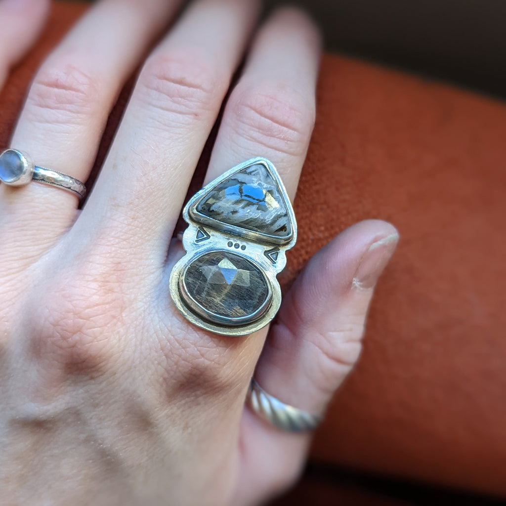 Montana Agate and Black Moonstone Statement Ring - Size 9