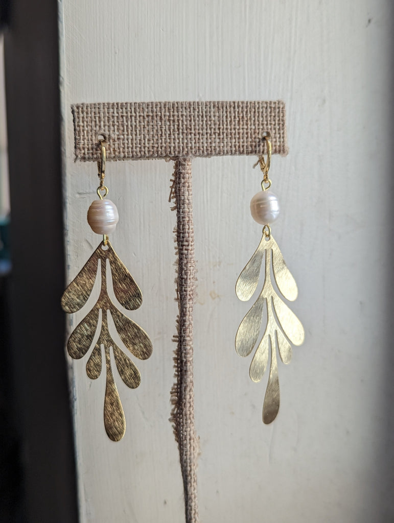 Gold Leaf Pearl Statement Earrings