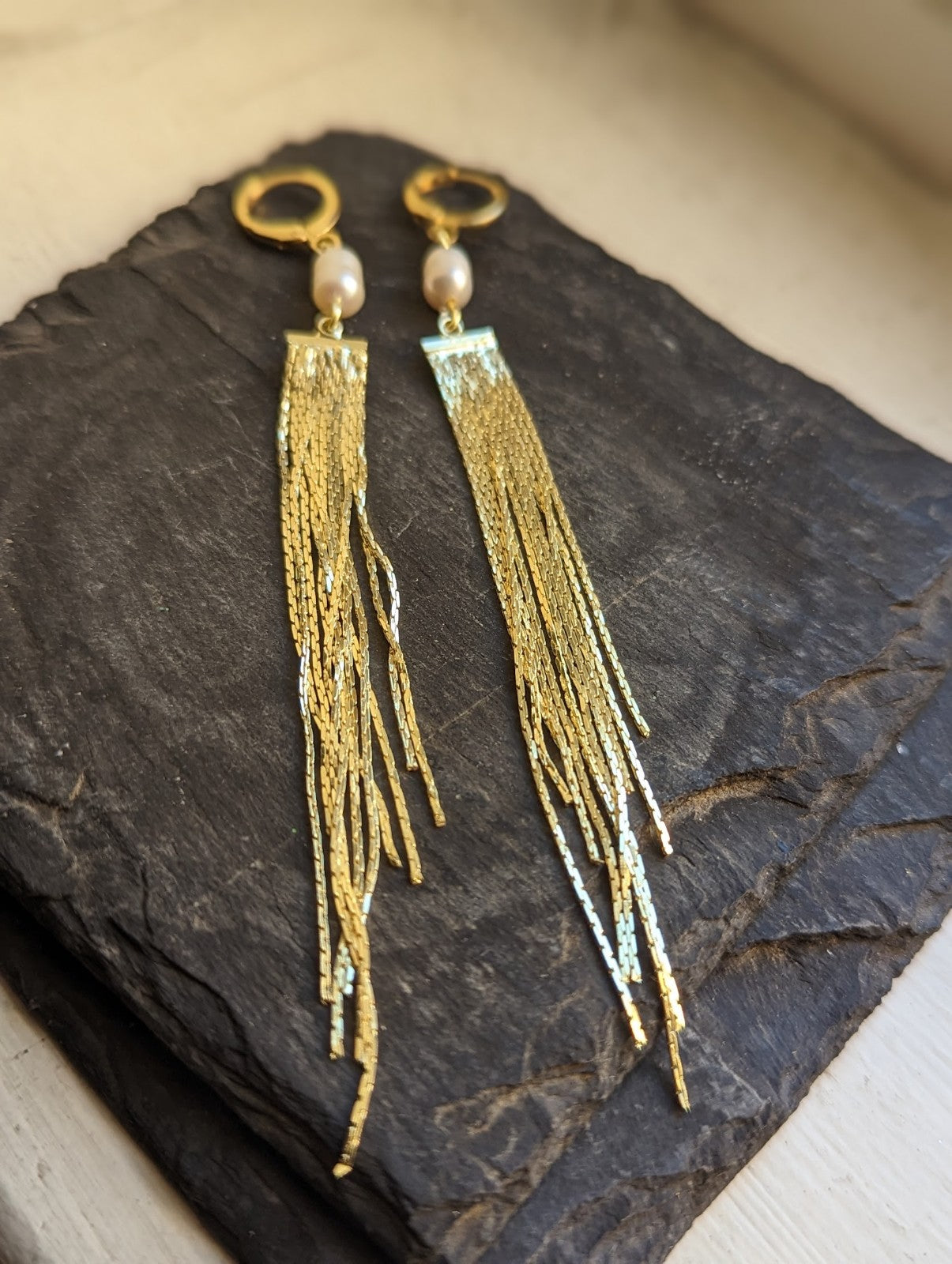 Pearl Golden Fringe Sunshine Hoop Earrings