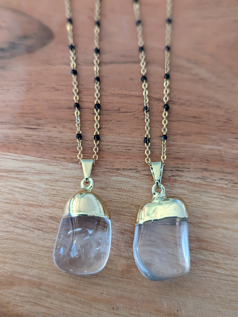 Clear Quartz Pendant on Gold and Black Chain