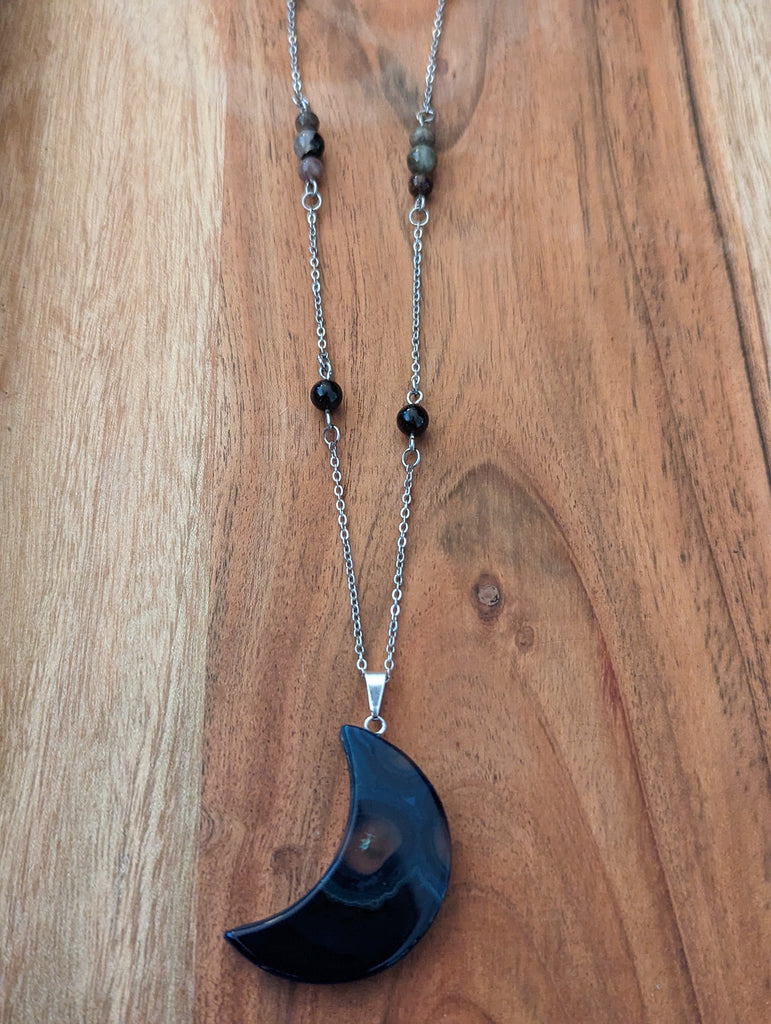 Blue Agate Crescent Moon and Tourmaline on Stainless Necklace
