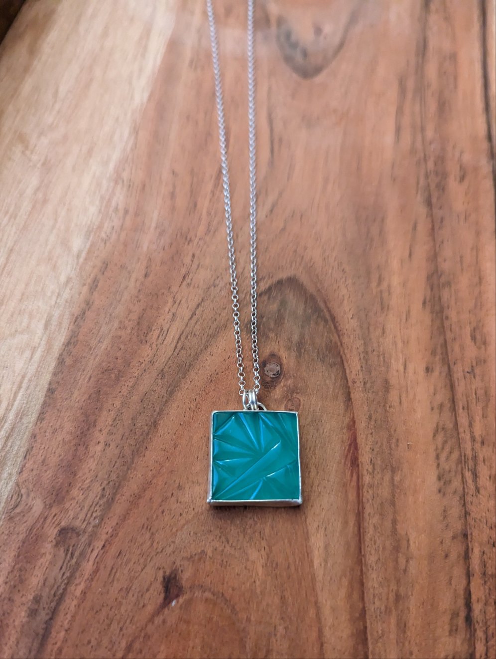Carved Aqua Chalcedony Square in Sterling Silver Necklace MTO