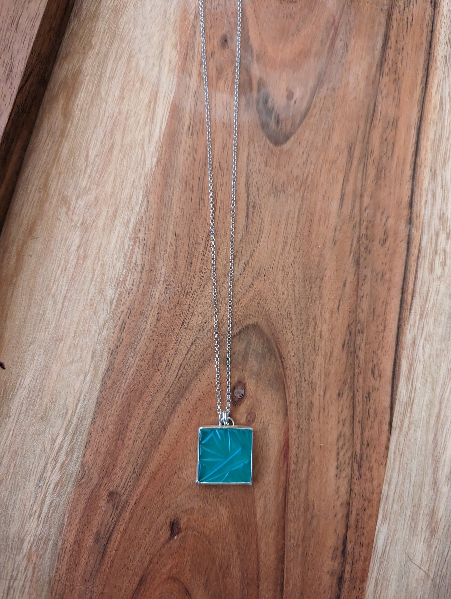 Carved Aqua Chalcedony Square in Sterling Silver Necklace MTO