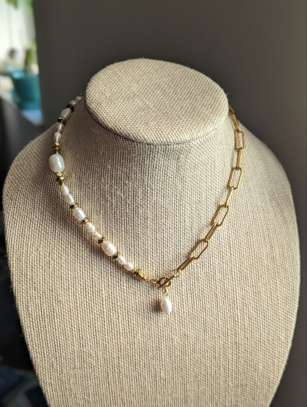 Pearl and Gold Hematite Paperclip Chain Necklace