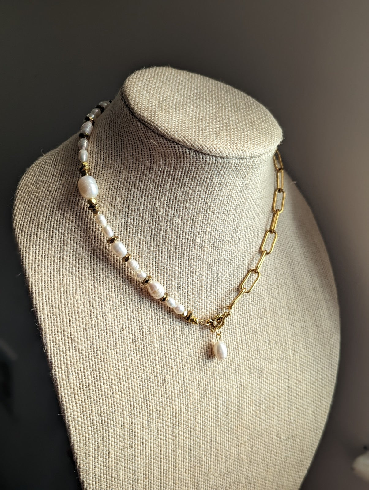 Pearl and Gold Hematite Paperclip Chain Necklace