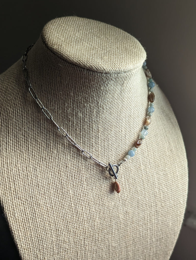 Aquamarine, Pearl, Jasper Paperclip Chain Necklace