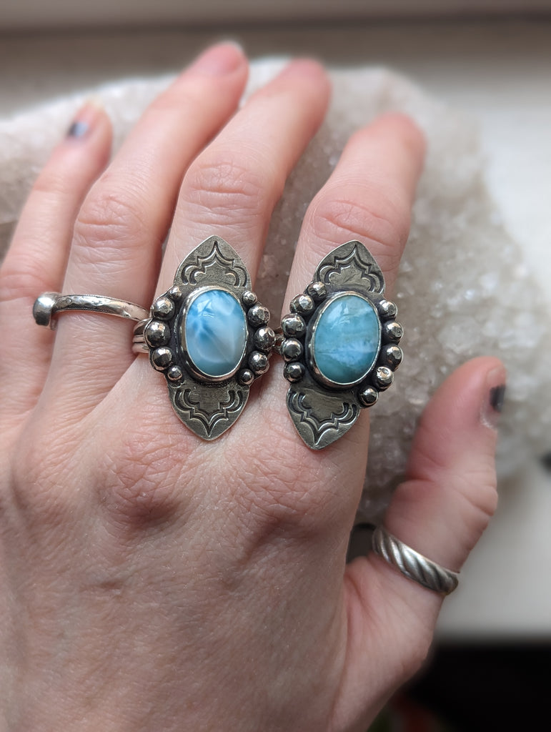 Larimar Stamped and Embellished Statement Ring (Size 6 and 9.25)