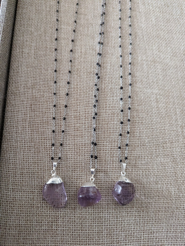 Amethyst Pendant on Silver and Black Chain