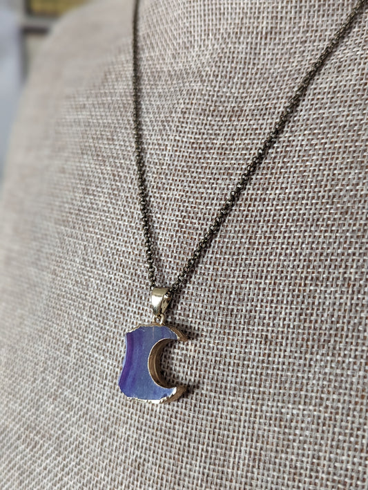 Purple Agate Crescent Moon Brass Necklace