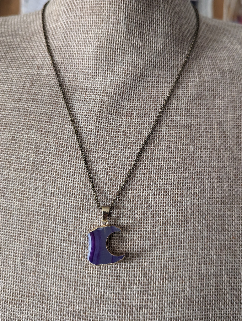 Purple Agate Crescent Moon Brass Necklace